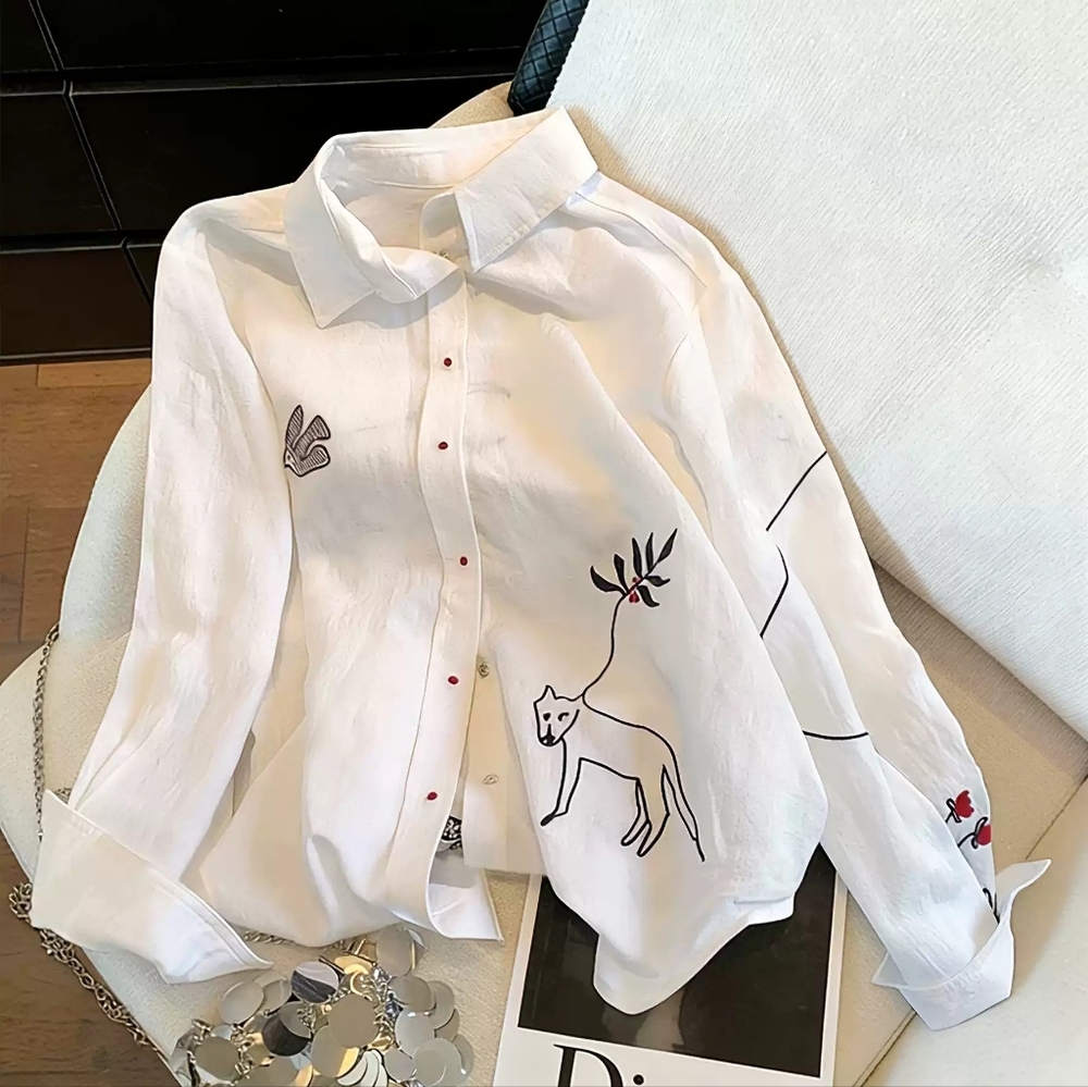 White Linen Dog Floral Line Art Shirt